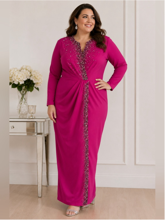 Michael Kors Dresses & Skirts - Korsh Fuchsia Long Sleeve Beaded Maxi Dress Size 48 US 16 Wedding Formal Event